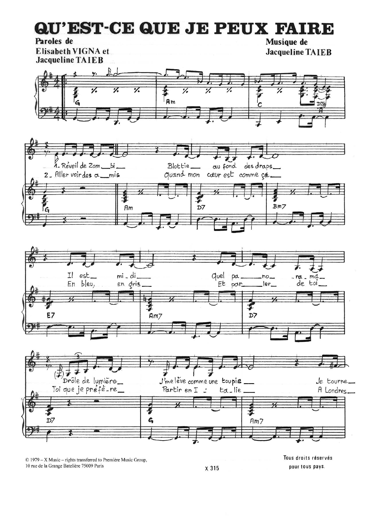 Jacqueline Taieb Qu'est-Ce Que J'peux Faire Sheet Music Notes & Chords for Piano & Vocal - Download or Print PDF