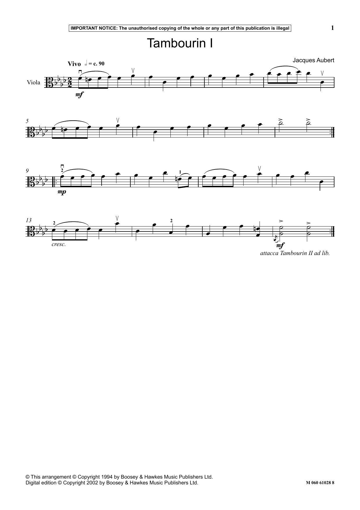 Jacques Aubert Tambourin I Sheet Music Notes & Chords for Instrumental Solo - Download or Print PDF