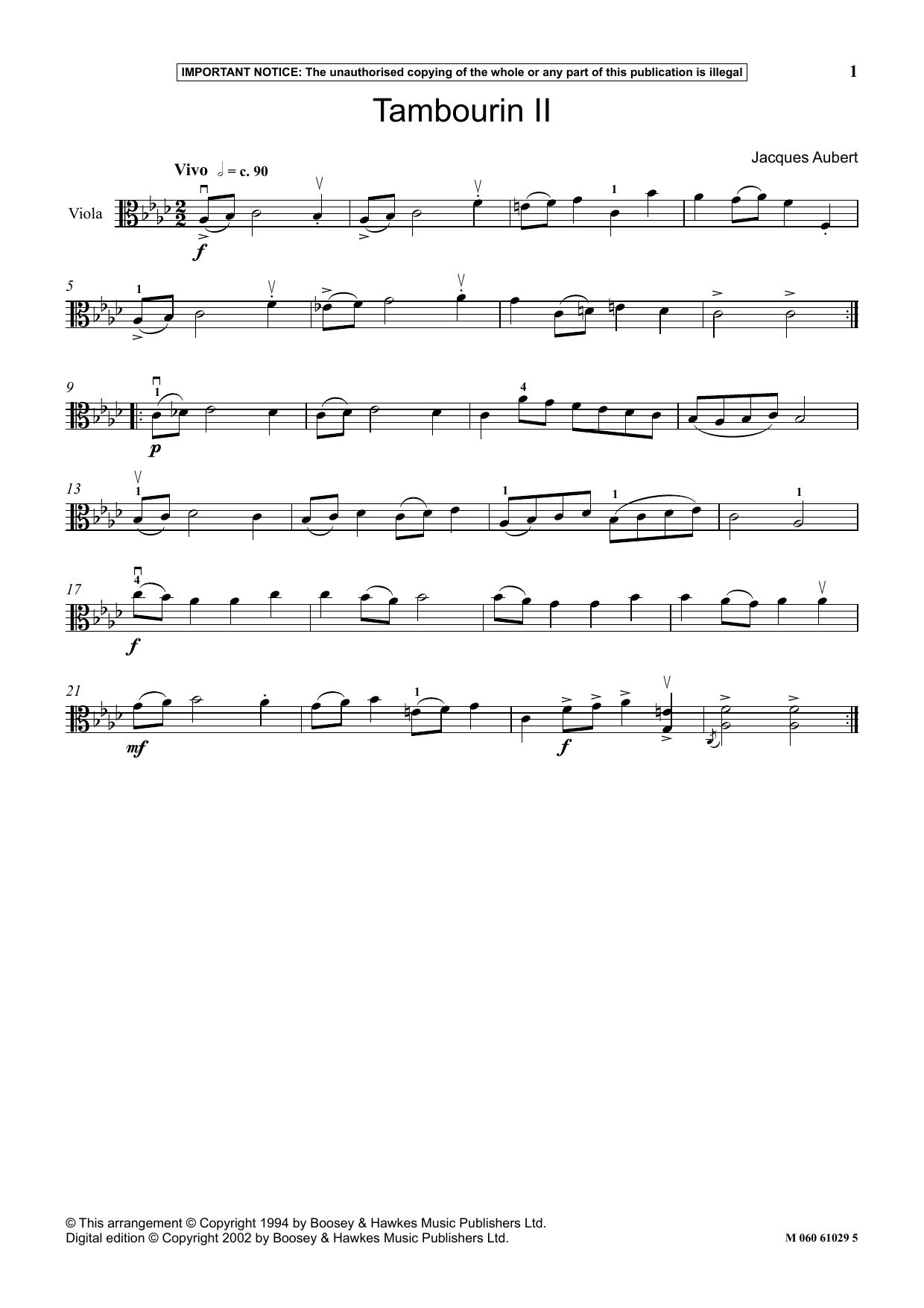 Jacques Aubert Tambourin II Sheet Music Notes & Chords for Instrumental Solo - Download or Print PDF