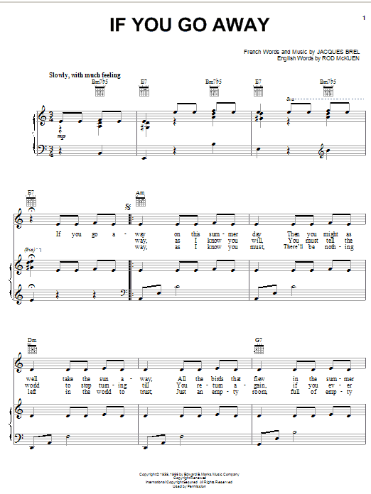 Jacques Brel If You Go Away Sheet Music Notes & Chords for Ukulele Chords/Lyrics - Download or Print PDF