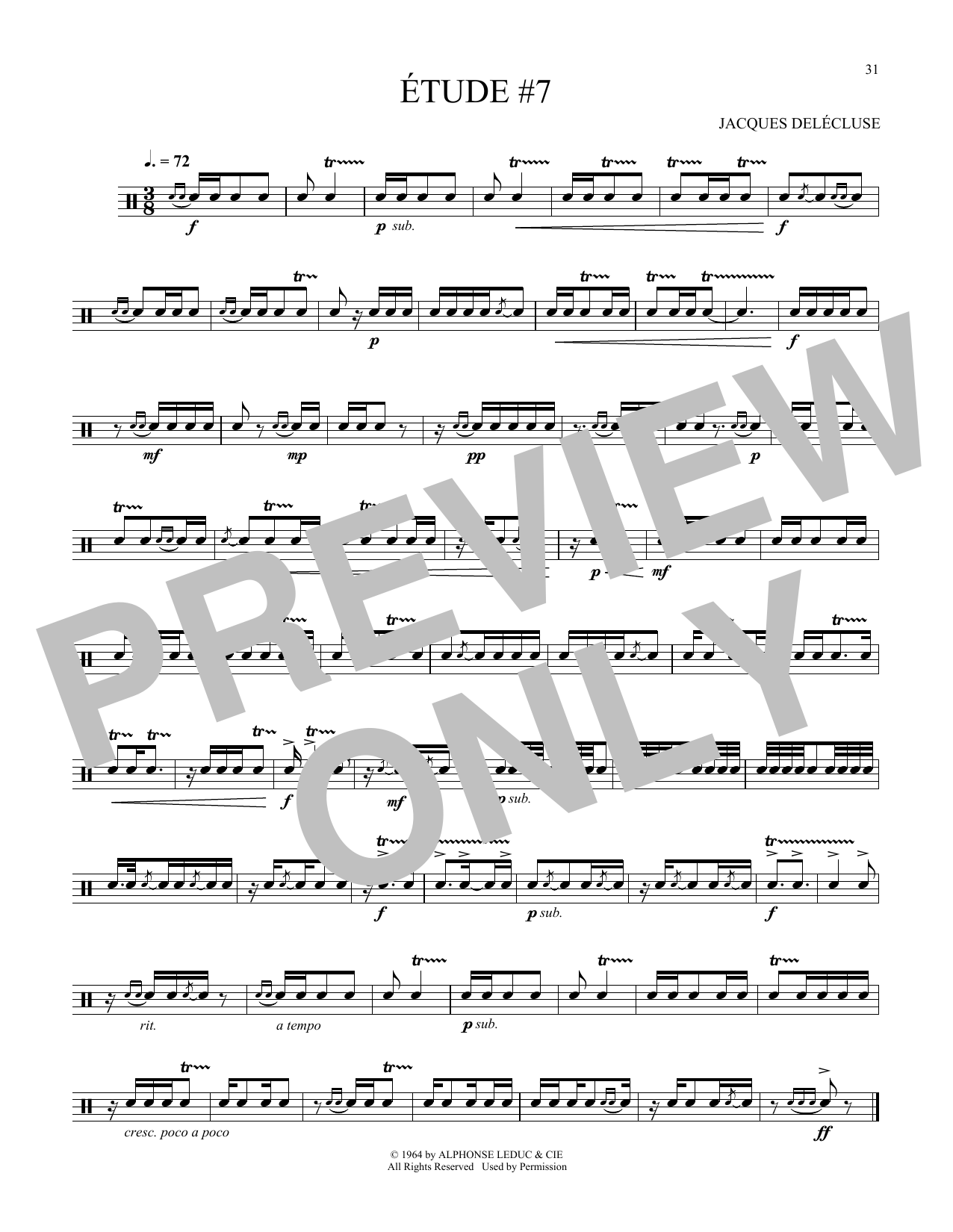 Jacques Delecluse Etude #7 Sheet Music Notes & Chords for Snare Drum Solo - Download or Print PDF