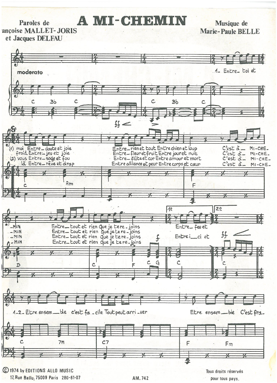 Jacques Delfau, Françoise Mallet-Joris and Marie Paule Belle A Mi-Chemin Sheet Music Notes & Chords for Piano & Vocal - Download or Print PDF