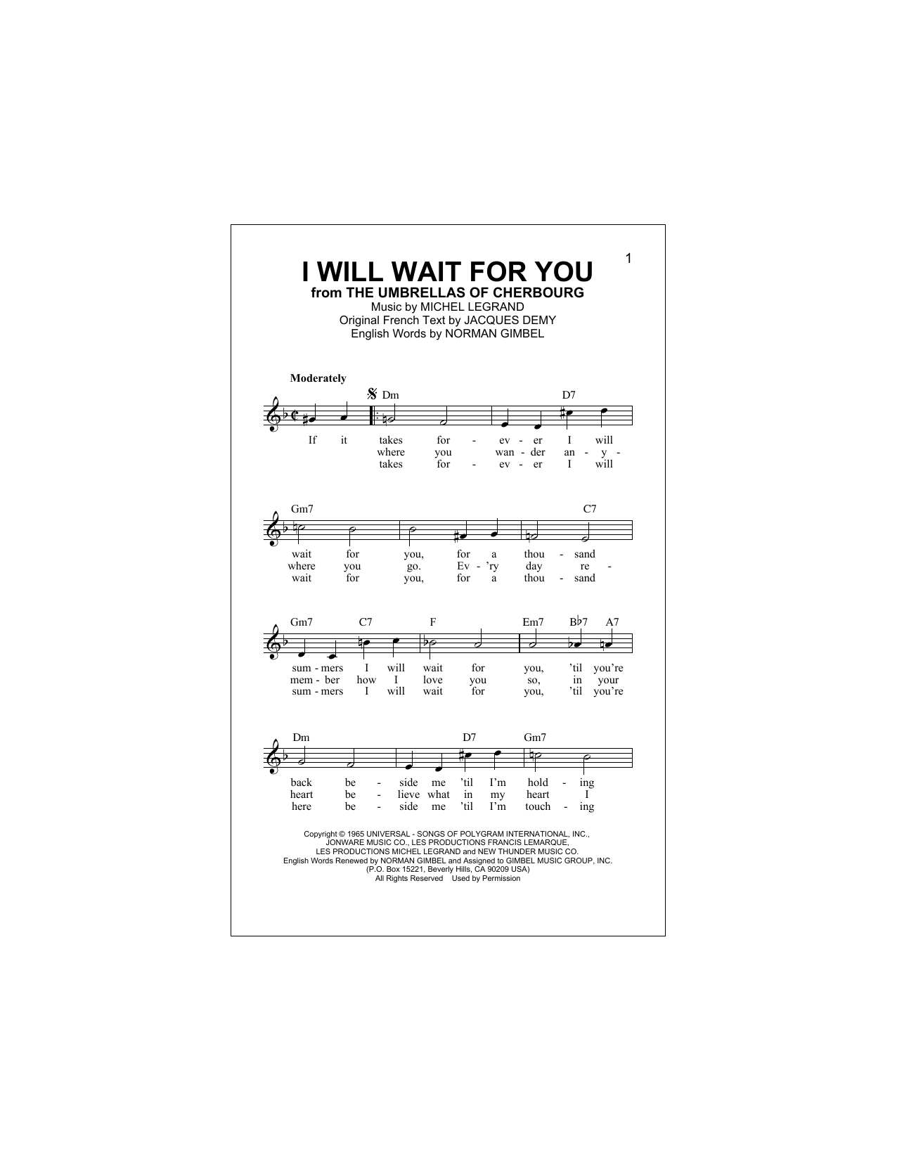 Jacques Demy I Will Wait For You Sheet Music Notes & Chords for Melody Line, Lyrics & Chords - Download or Print PDF