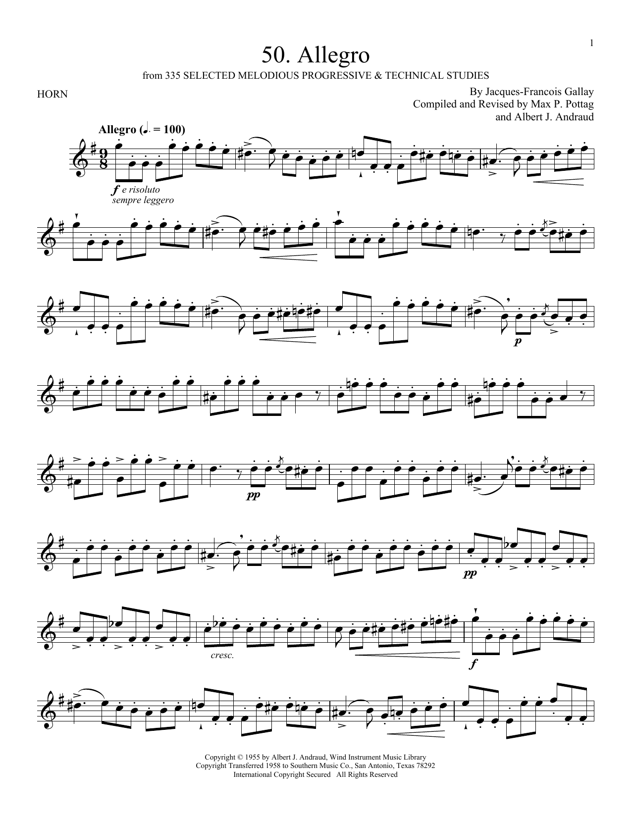 Jacques-Francois Gallay Etude No. 50 Sheet Music Notes & Chords for French Horn Solo - Download or Print PDF