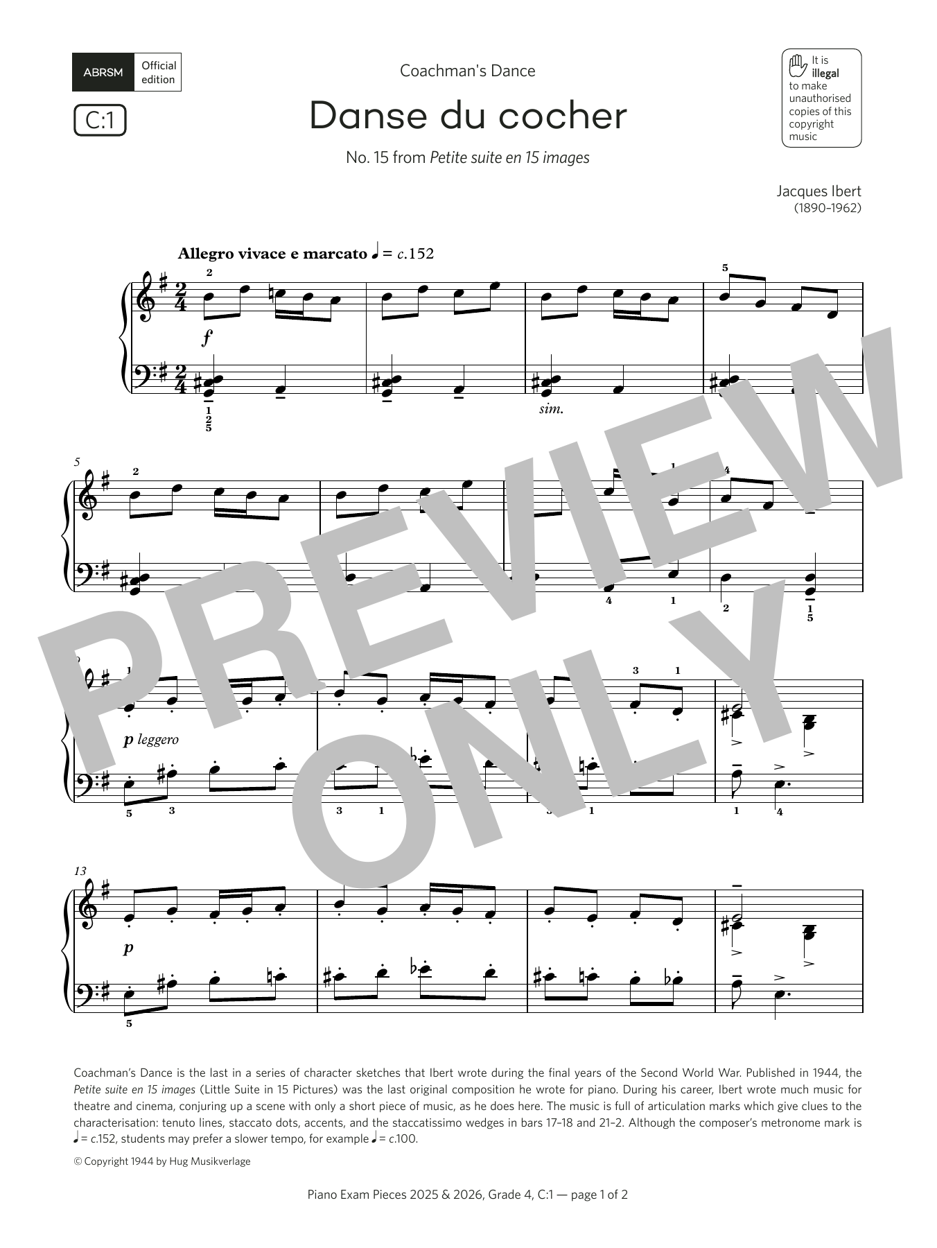 Jacques Ibert Danse du cocher (Grade 4, list C1, from the ABRSM Piano Syllabus 2025 & 2026) Sheet Music Notes & Chords for Piano Solo - Download or Print PDF