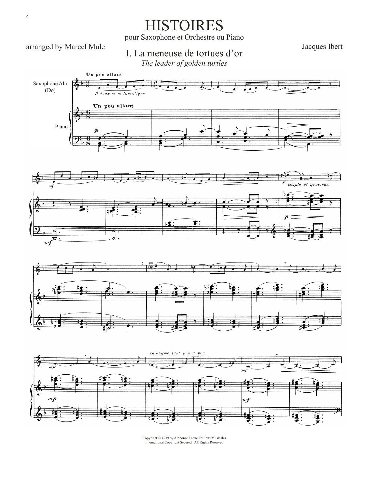 Jacques Ibert Histoires (arr. Marcel Mule) Sheet Music Notes & Chords for Alto Sax and Piano - Download or Print PDF
