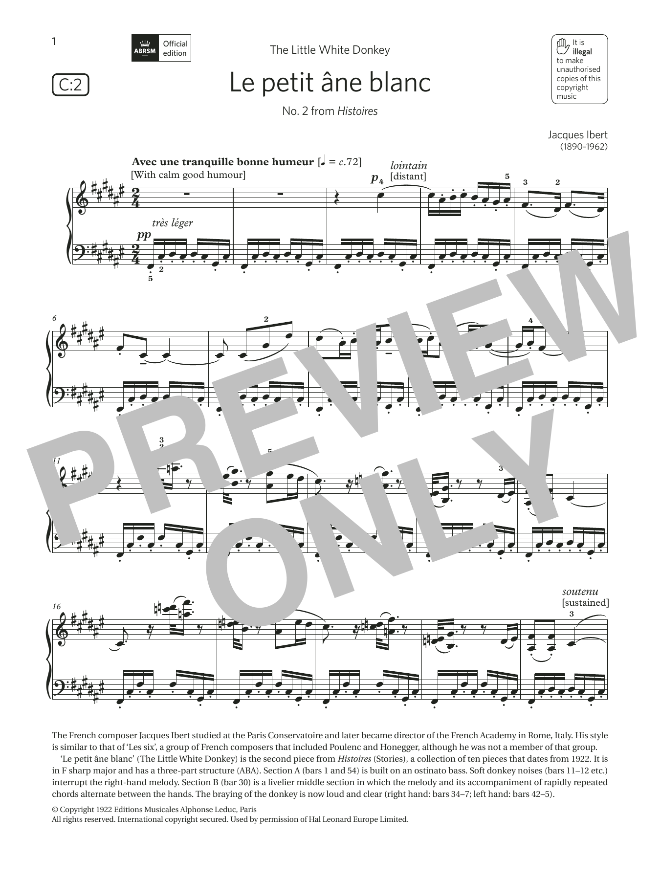 Jacques Ibert Le petit âne blanc (Grade 7, list C2, from the ABRSM Piano Syllabus 2021 & 2022) Sheet Music Notes & Chords for Piano Solo - Download or Print PDF