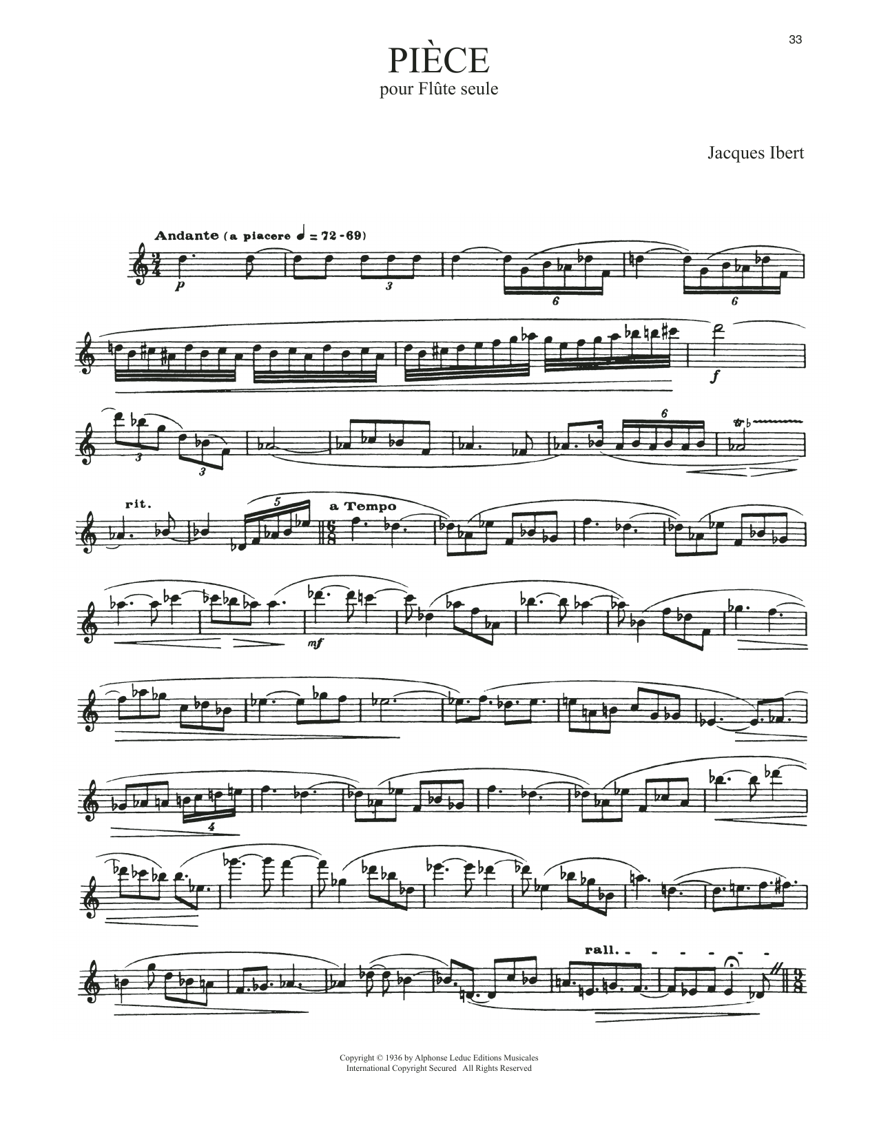 Jacques Ibert Piece Pour Flute Seule Sheet Music Notes & Chords for Flute Solo - Download or Print PDF