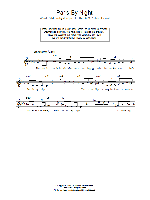 Jacques La Rue Paris By Night Sheet Music Notes & Chords for Melody Line, Lyrics & Chords - Download or Print PDF