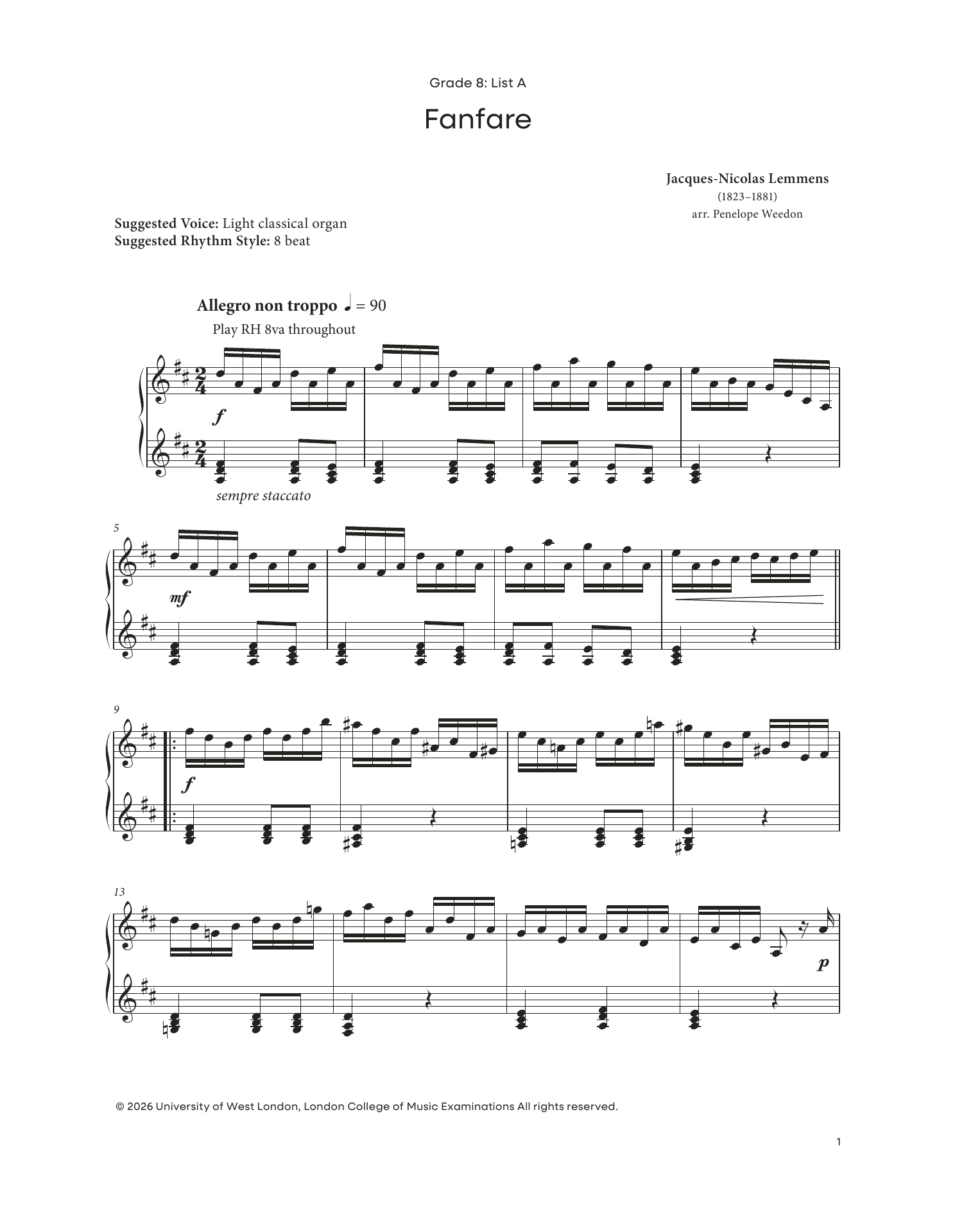 Jacques-Nicolas Lemmens Fanfare (from LCME Electronic Keyboard Grade 8 List A) Sheet Music Notes & Chords for Piano Solo - Download or Print PDF
