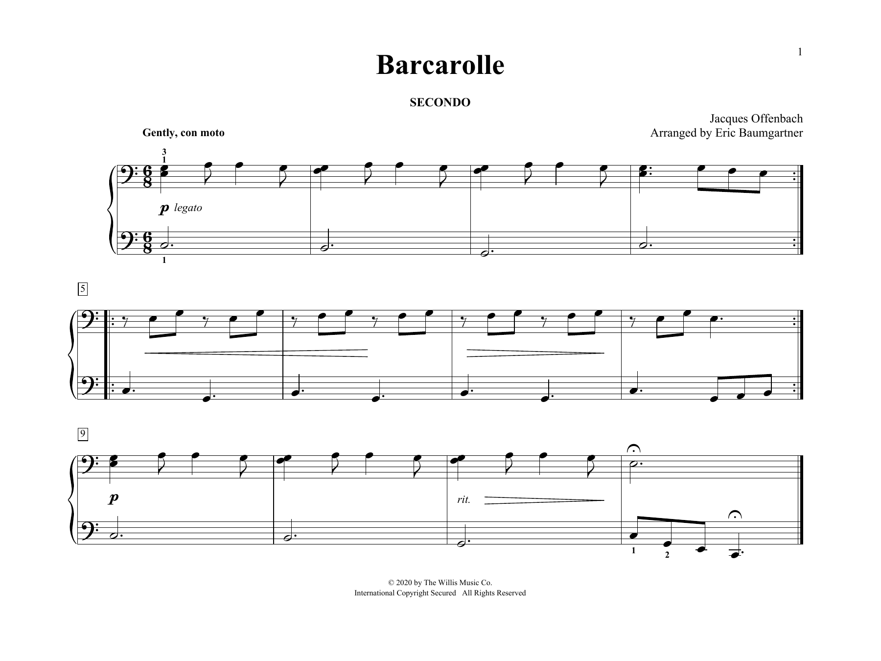 Jacques Offenbach Barcarolle (arr. Eric Baumgartner) Sheet Music Notes & Chords for Piano Duet - Download or Print PDF