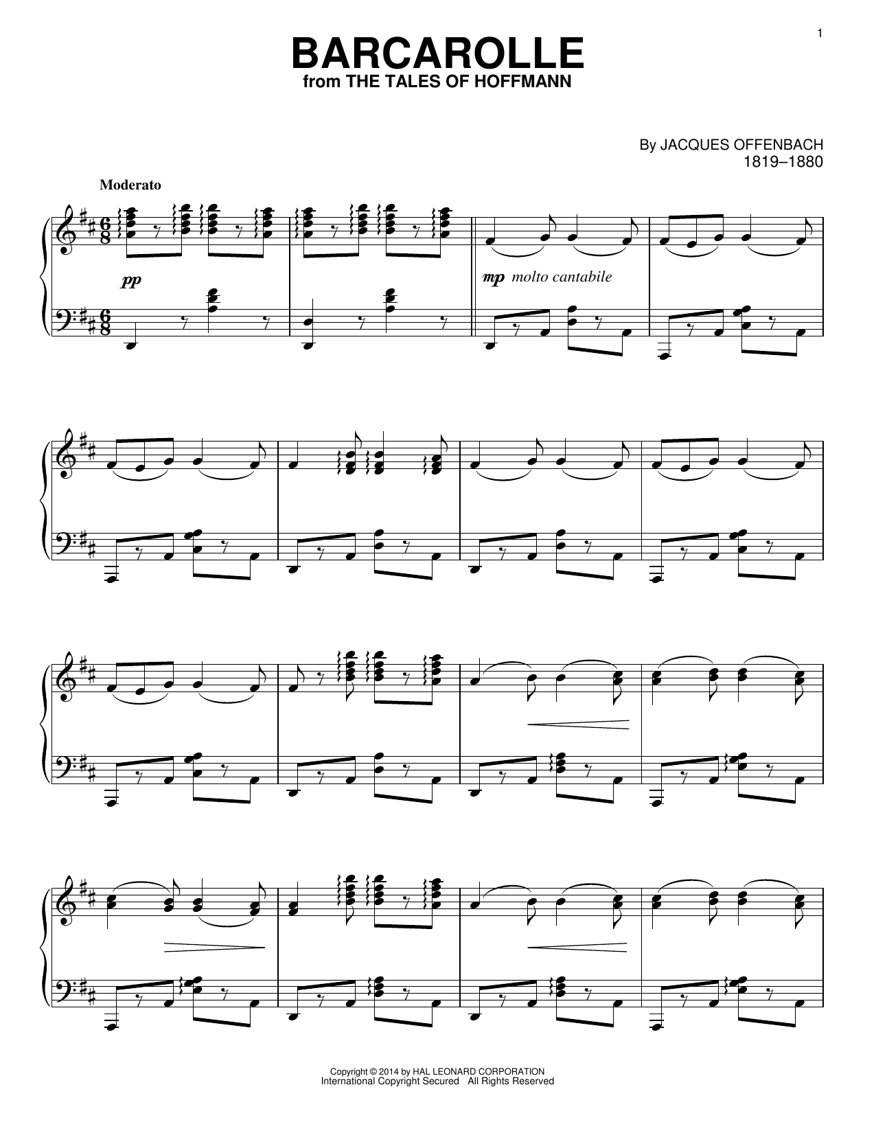 Jacques Offenbach Barcarolle (arr. Richard Walters) Sheet Music Notes & Chords for Piano - Download or Print PDF