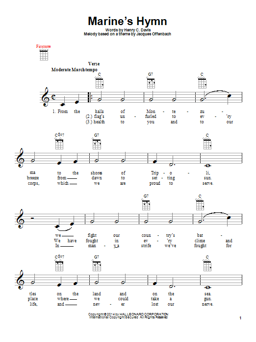 Jacques Offenbach Marine's Hymn Sheet Music Notes & Chords for Ukulele - Download or Print PDF