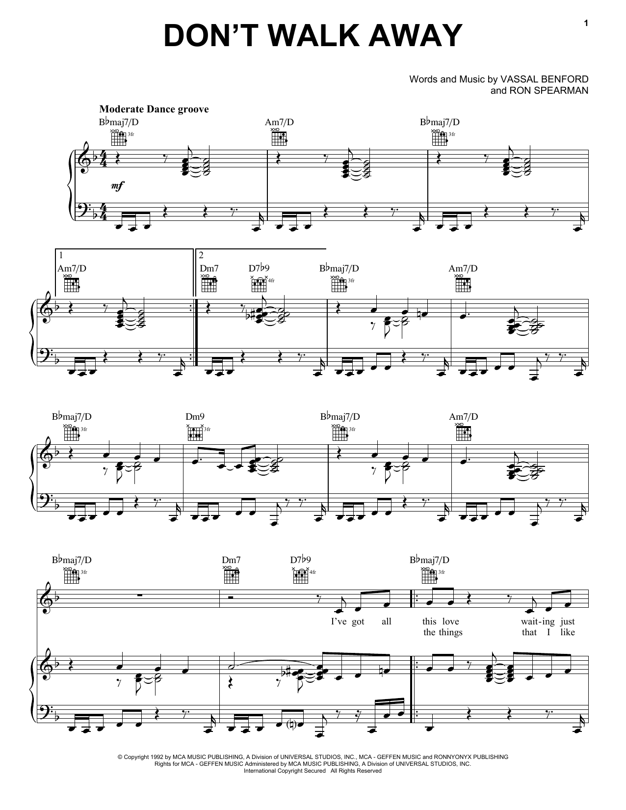 Jade Don't Walk Away Sheet Music Notes & Chords for Piano, Vocal & Guitar Chords (Right-Hand Melody) - Download or Print PDF