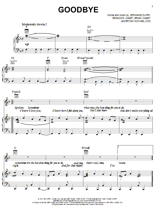 Jagged Edge Goodbye Sheet Music Notes & Chords for Piano, Vocal & Guitar (Right-Hand Melody) - Download or Print PDF