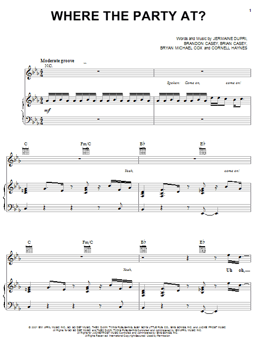 Jagged Edge With Nelly Where The Party At Sheet Music Notes & Chords for Piano, Vocal & Guitar (Right-Hand Melody) - Download or Print PDF