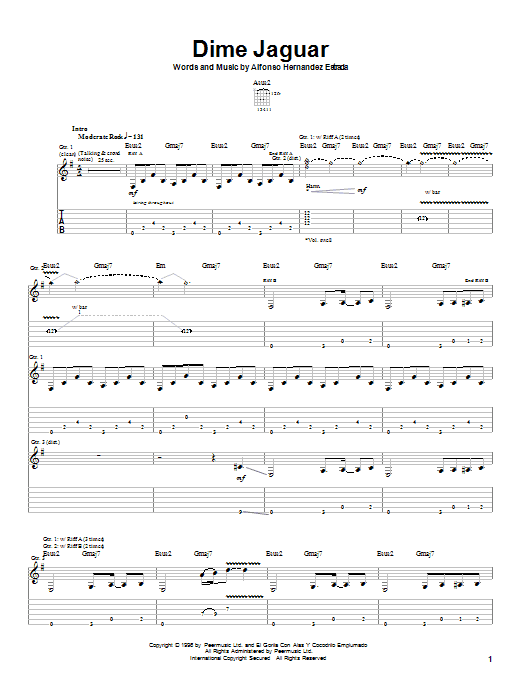 Jaguares Dime Jaguar Sheet Music Notes & Chords for Guitar Tab - Download or Print PDF