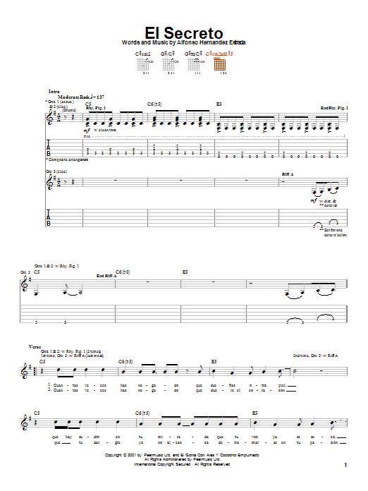 Jaguares El Secreto Sheet Music Notes & Chords for Guitar Tab - Download or Print PDF