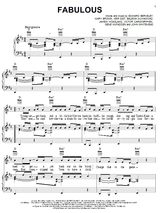 Jaheim Fabulous Sheet Music Notes & Chords for Piano, Vocal & Guitar (Right-Hand Melody) - Download or Print PDF