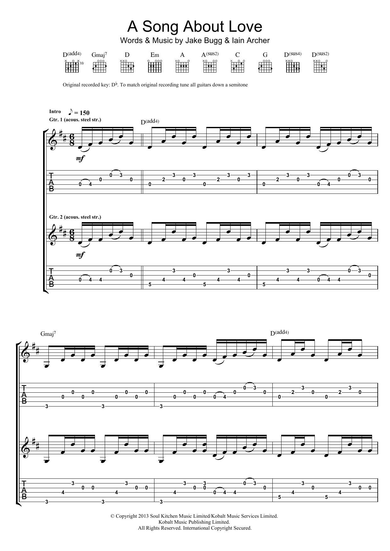 Jake Bugg A Song About Love Sheet Music Notes & Chords for Guitar Tab - Download or Print PDF