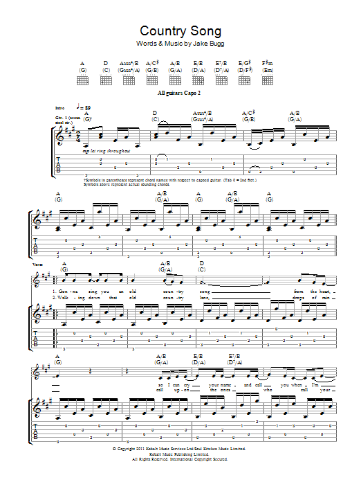 Jake Bugg Country Song Sheet Music Notes & Chords for Guitar Tab - Download or Print PDF
