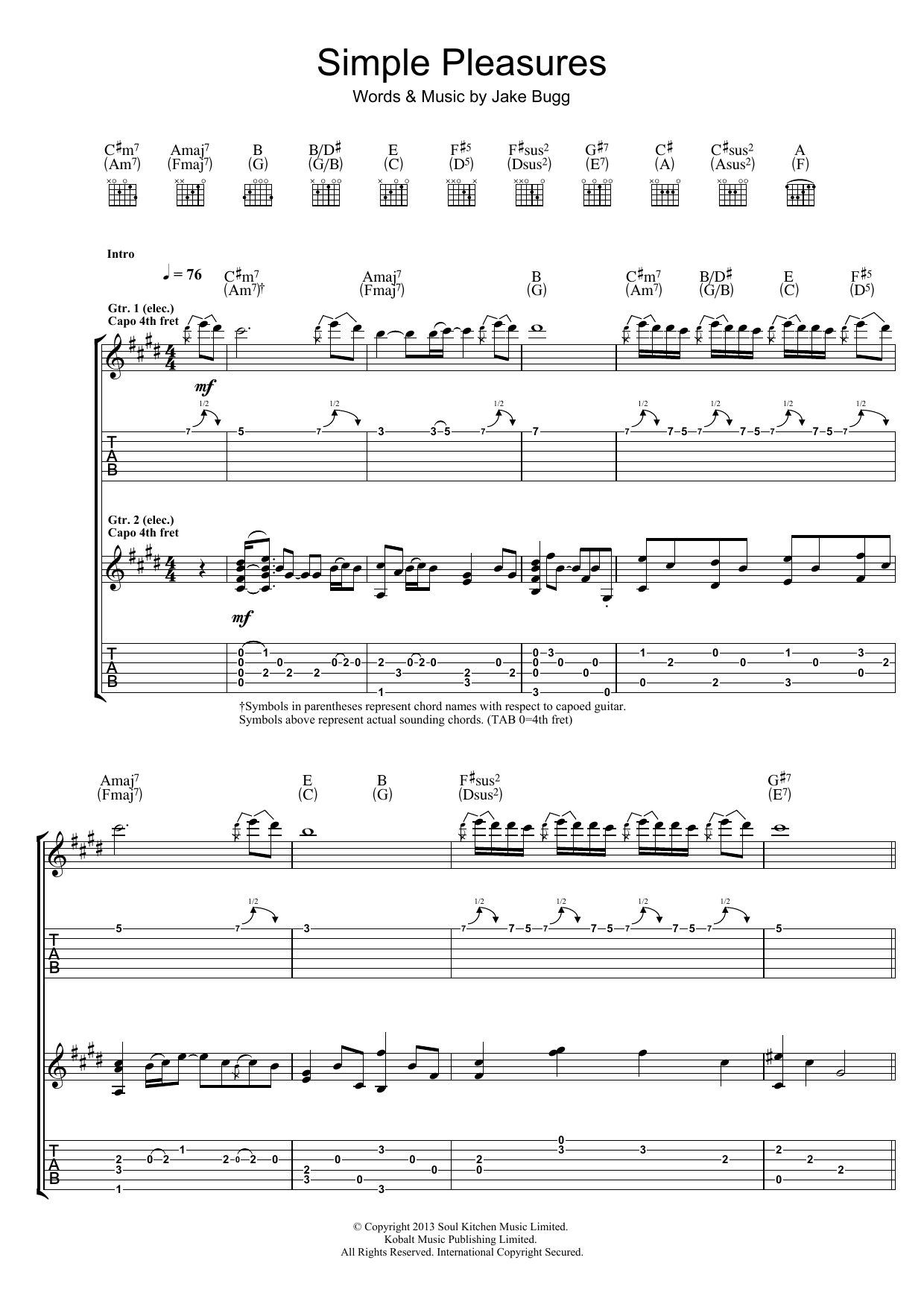 Jake Bugg Simple Pleasures Sheet Music Notes & Chords for Guitar Tab - Download or Print PDF