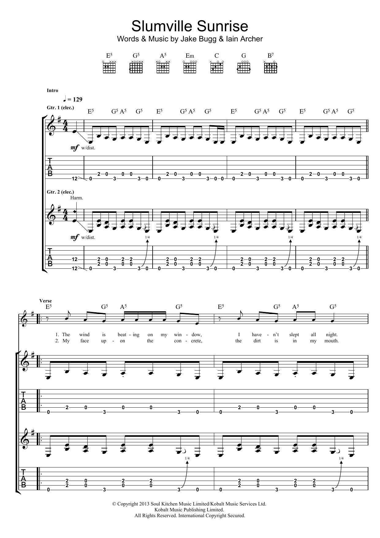 Jake Bugg Slumville Sunrise Sheet Music Notes & Chords for Guitar Tab - Download or Print PDF