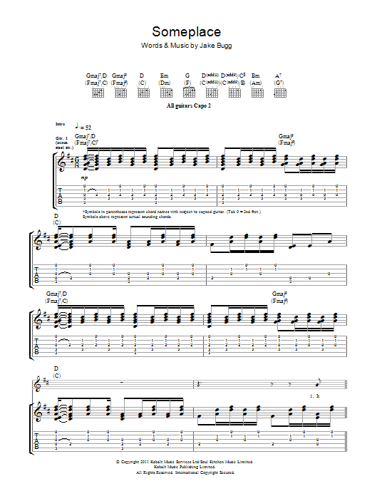 Jake Bugg Someplace Sheet Music Notes & Chords for Guitar Tab - Download or Print PDF