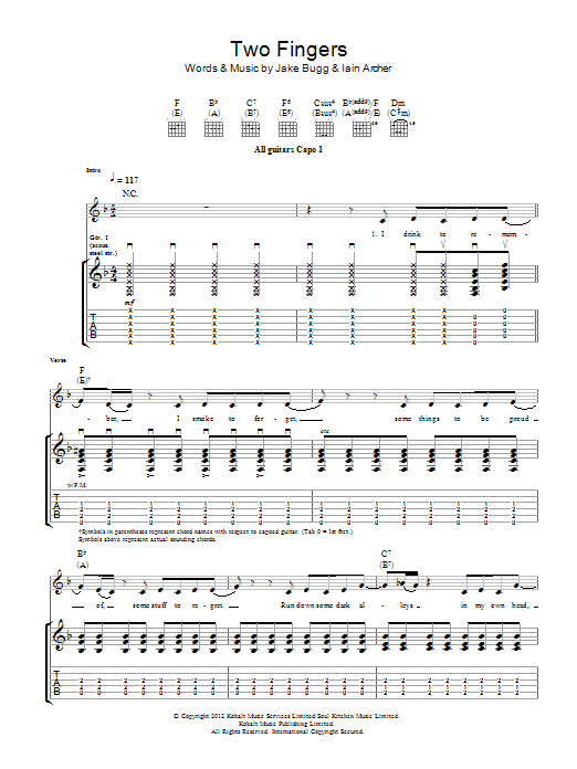 Jake Bugg Two Fingers Sheet Music Notes & Chords for Piano, Vocal & Guitar (Right-Hand Melody) - Download or Print PDF