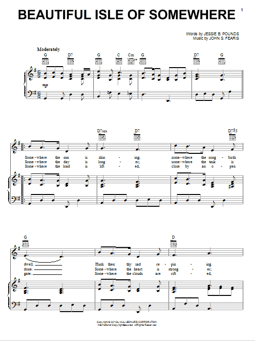 Jake Hess Beautiful Isle Of Somewhere Sheet Music Notes & Chords for Piano, Vocal & Guitar (Right-Hand Melody) - Download or Print PDF