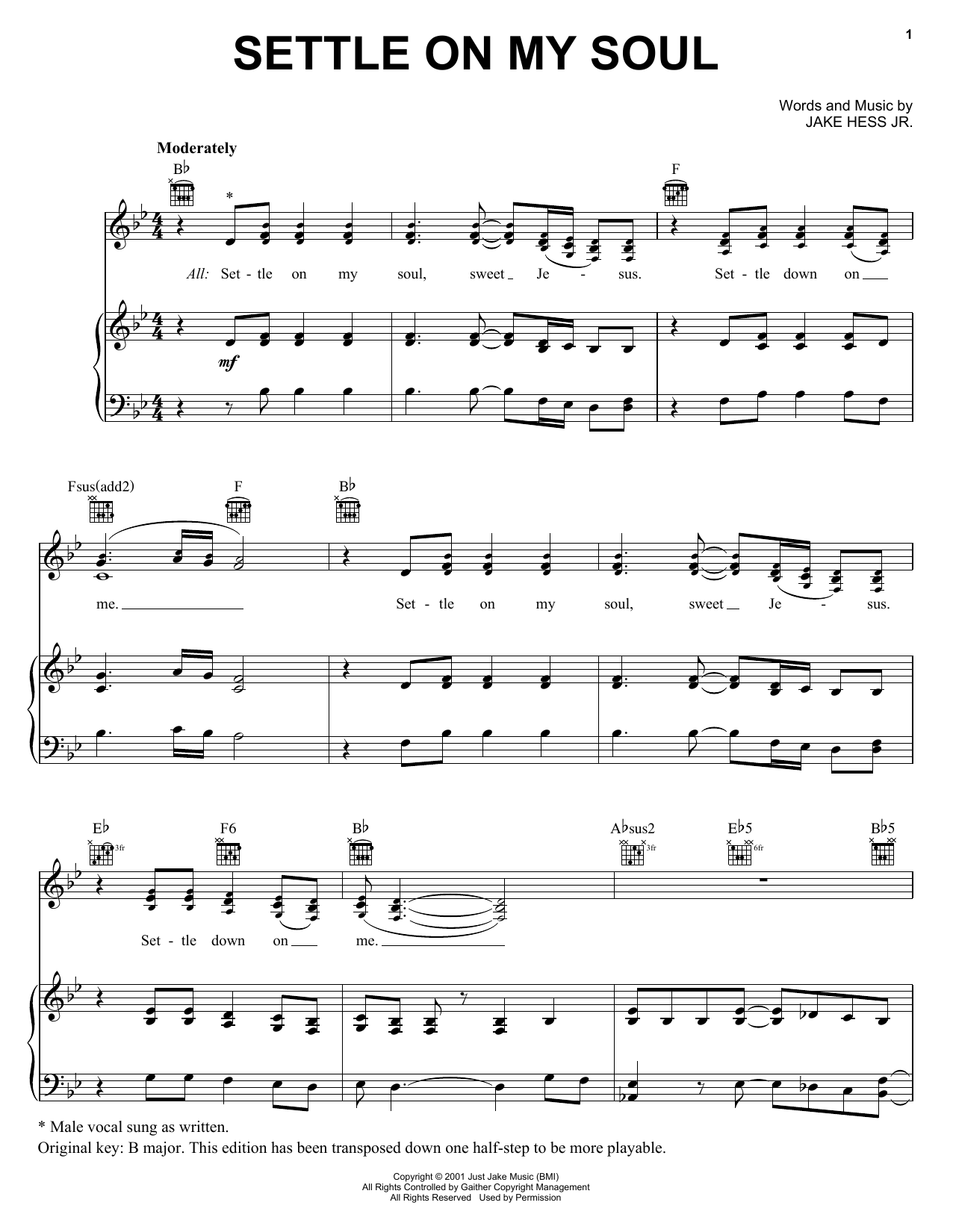 Jake Hess Jr. Settle On My Soul Sheet Music Notes & Chords for Piano, Vocal & Guitar (Right-Hand Melody) - Download or Print PDF