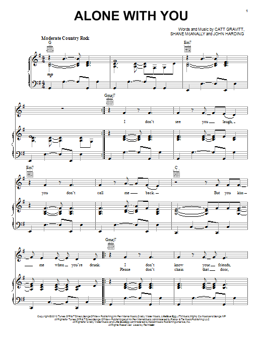 Jake Owen Alone With You Sheet Music Notes & Chords for Piano, Vocal & Guitar (Right-Hand Melody) - Download or Print PDF