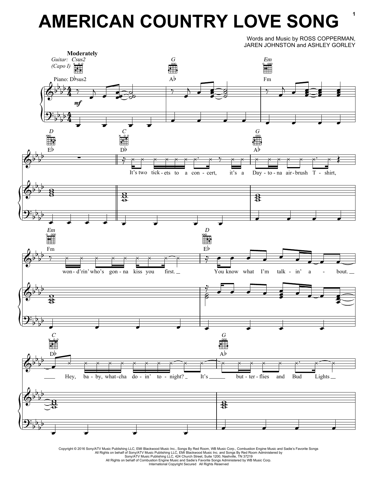 Jake Owen American Country Love Song Sheet Music Notes & Chords for Piano, Vocal & Guitar (Right-Hand Melody) - Download or Print PDF