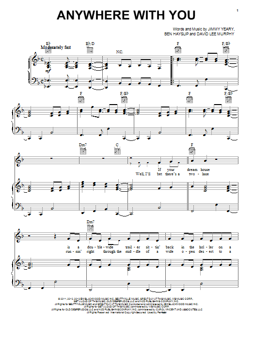 Jake Owen Anywhere With You Sheet Music Notes & Chords for Piano, Vocal & Guitar (Right-Hand Melody) - Download or Print PDF