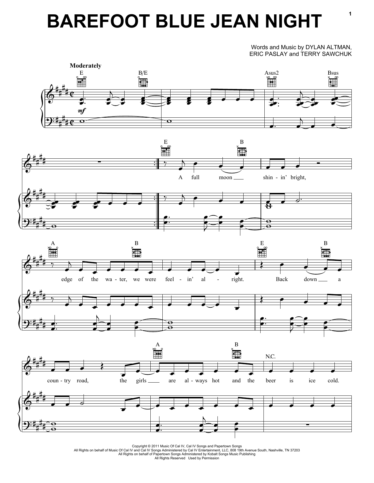 Jake Owen Barefoot Blue Jean Night Sheet Music Notes & Chords for Piano, Vocal & Guitar (Right-Hand Melody) - Download or Print PDF