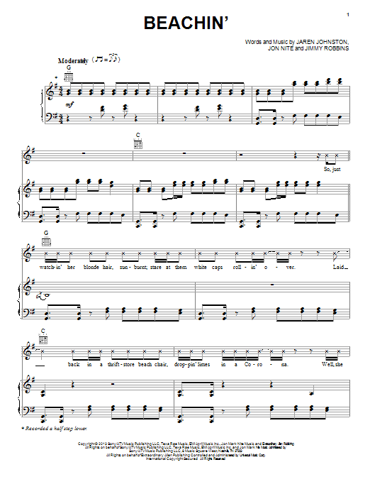 Jake Owen Beachin' Sheet Music Notes & Chords for Piano, Vocal & Guitar (Right-Hand Melody) - Download or Print PDF