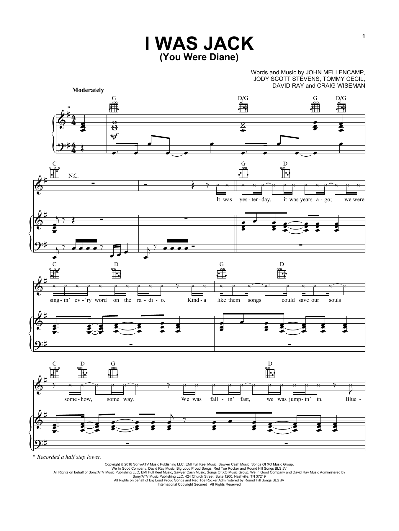 Jake Owen I Was Jack (You Were Diane) Sheet Music Notes & Chords for Piano, Vocal & Guitar (Right-Hand Melody) - Download or Print PDF