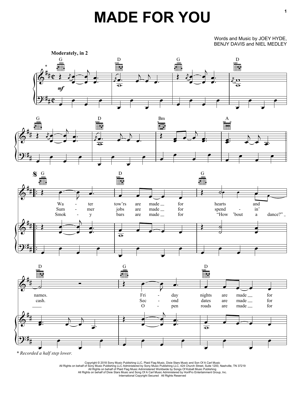 Jake Owen Made For You Sheet Music Notes & Chords for Piano, Vocal & Guitar (Right-Hand Melody) - Download or Print PDF