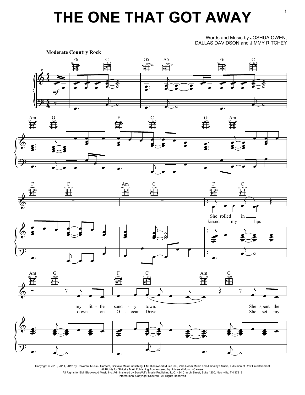 Jake Owen The One That Got Away Sheet Music Notes & Chords for Easy Piano - Download or Print PDF
