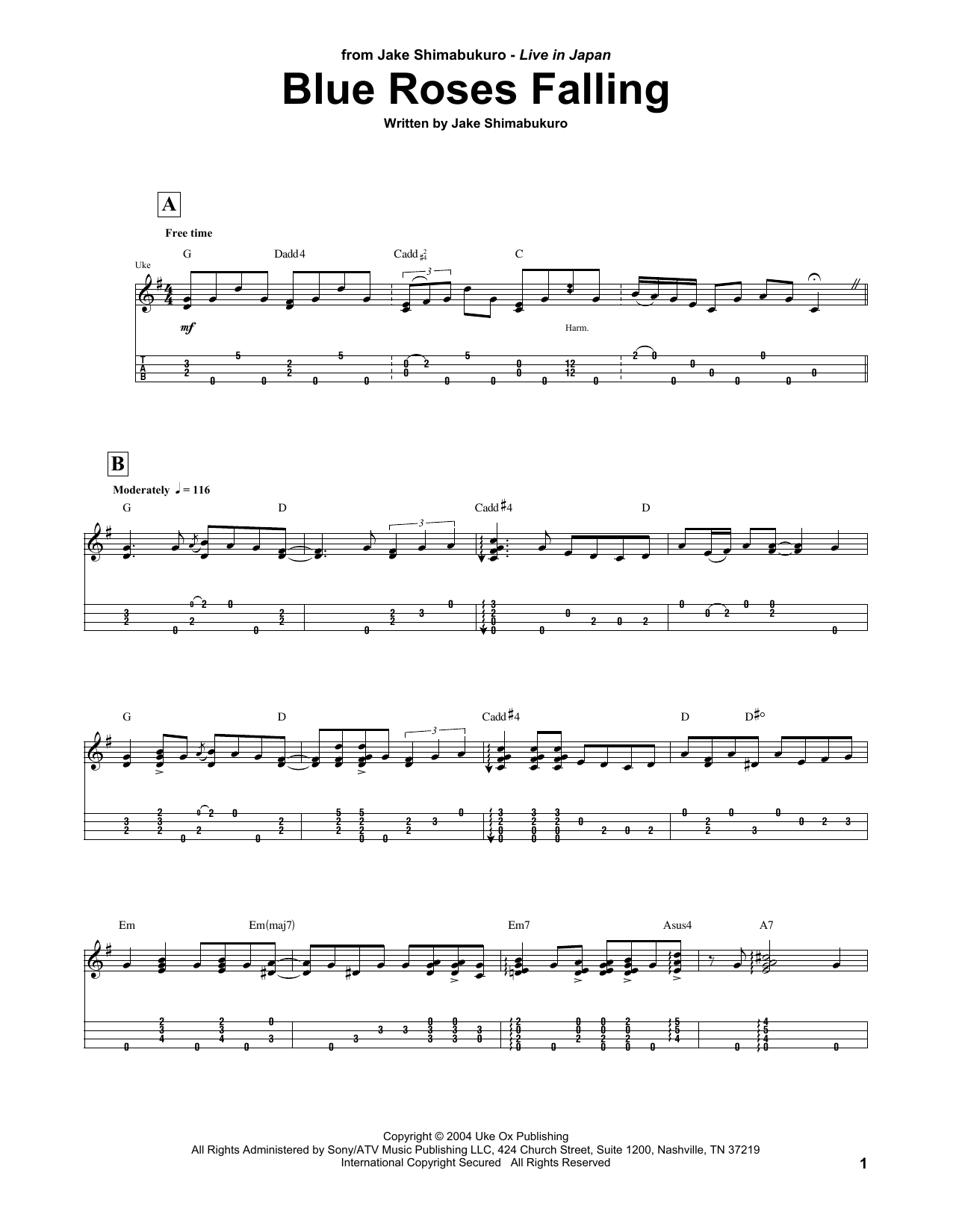Jake Shimabukuro Blue Roses Falling Sheet Music Notes & Chords for UKETAB - Download or Print PDF