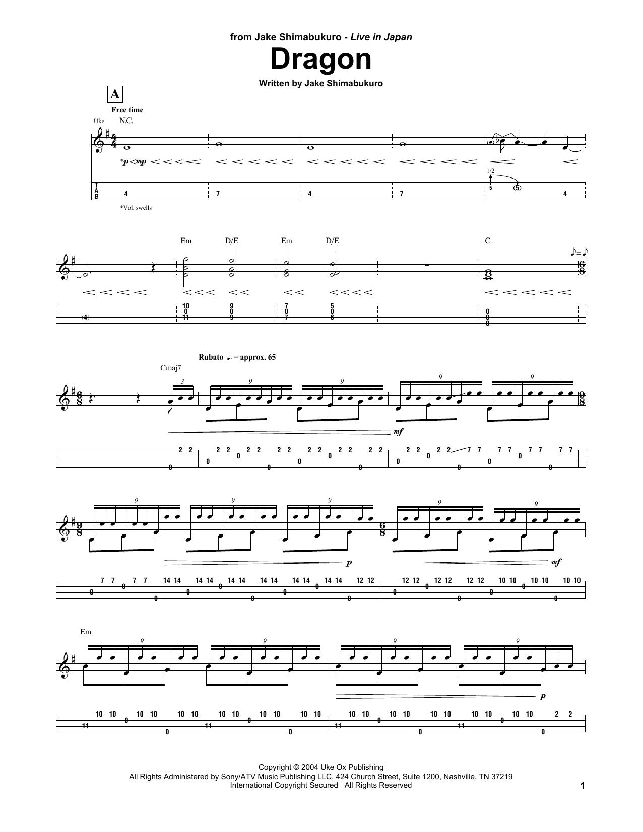 Jake Shimabukuro Dragon Sheet Music Notes & Chords for UKETAB - Download or Print PDF