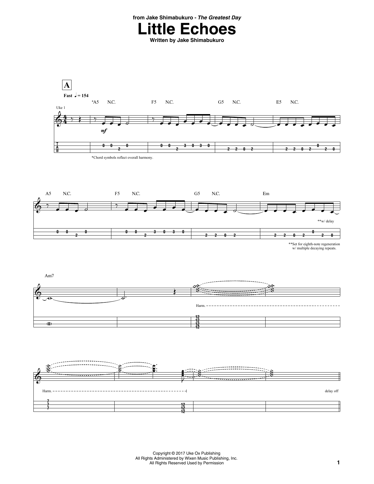 Jake Shimabukuro Little Echoes Sheet Music Notes & Chords for UKETAB - Download or Print PDF