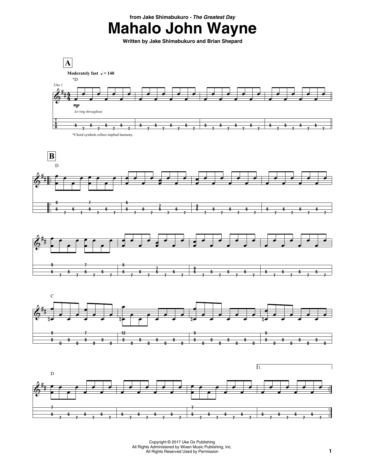 Jake Shimabukuro Mahalo John Wayne Sheet Music Notes & Chords for UKETAB - Download or Print PDF