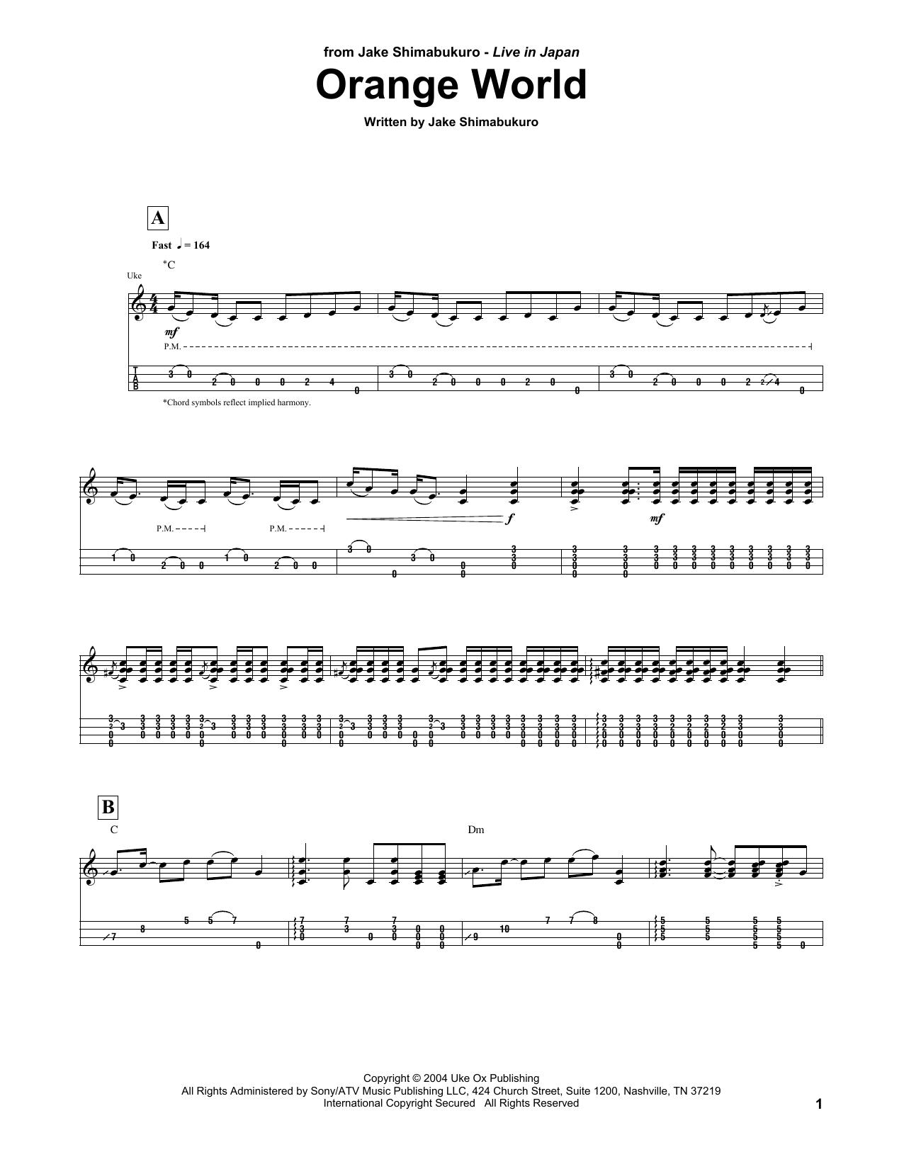 Jake Shimabukuro Orange World Sheet Music Notes & Chords for UKETAB - Download or Print PDF