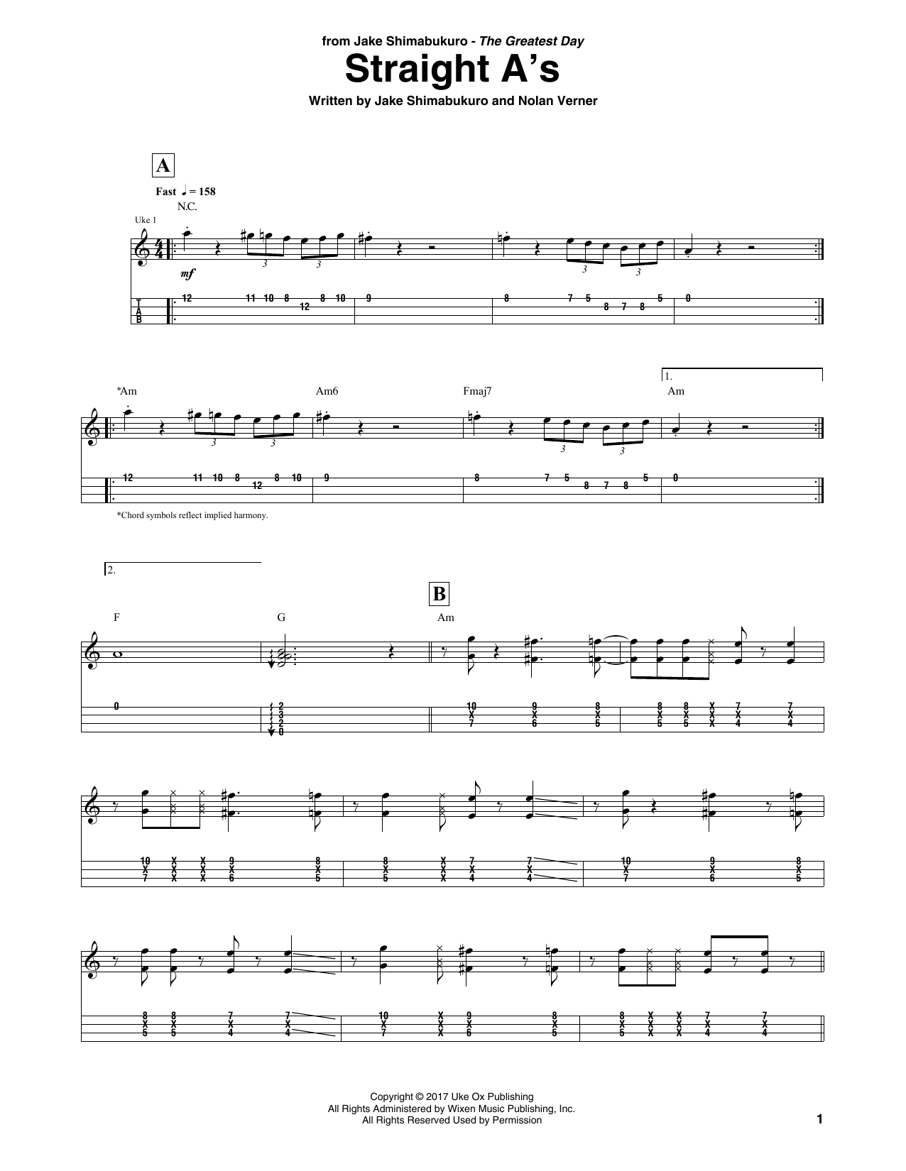 Jake Shimabukuro Straight A's Sheet Music Notes & Chords for UKETAB - Download or Print PDF