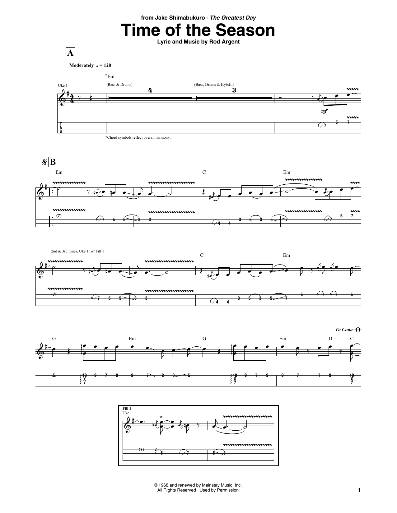 Jake Shimabukuro Time Of The Season Sheet Music Notes & Chords for Ukulele Tab - Download or Print PDF