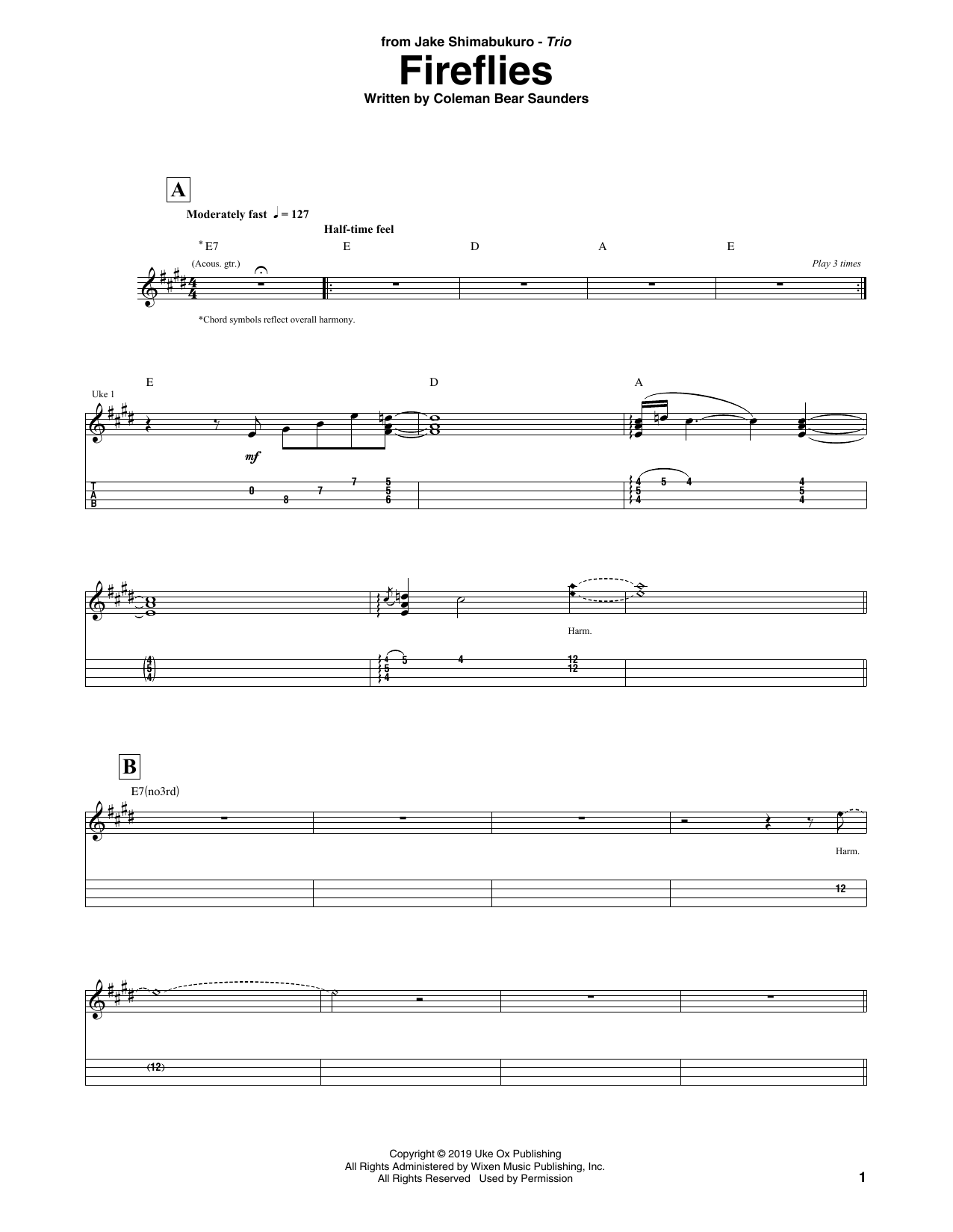 Jake Shimabukuro Trio Fireflies Sheet Music Notes & Chords for Ukulele Tab - Download or Print PDF