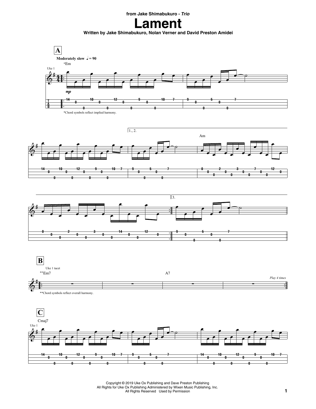 Jake Shimabukuro Trio Lament Sheet Music Notes & Chords for Ukulele Tab - Download or Print PDF