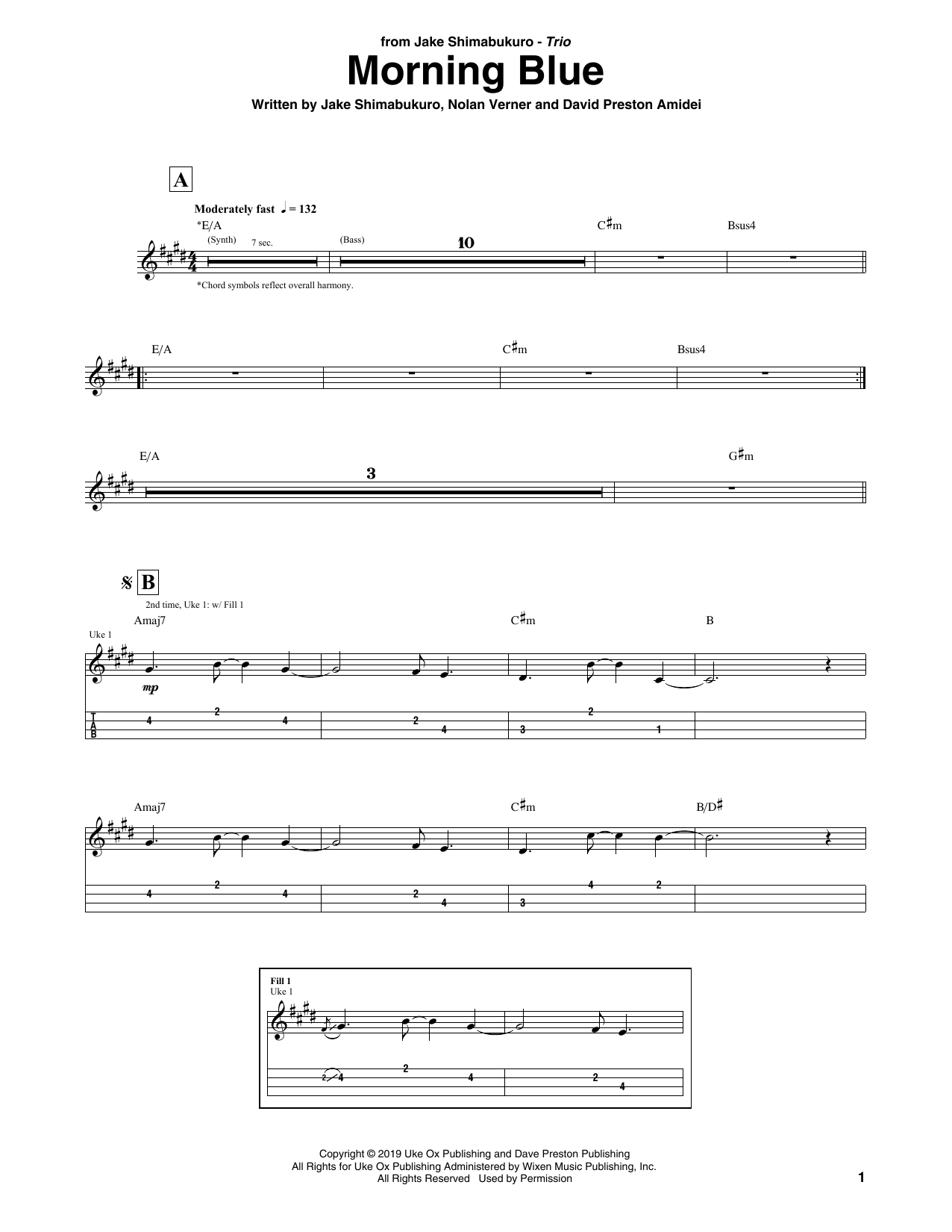Jake Shimabukuro Trio Morning Blue Sheet Music Notes & Chords for Ukulele Tab - Download or Print PDF