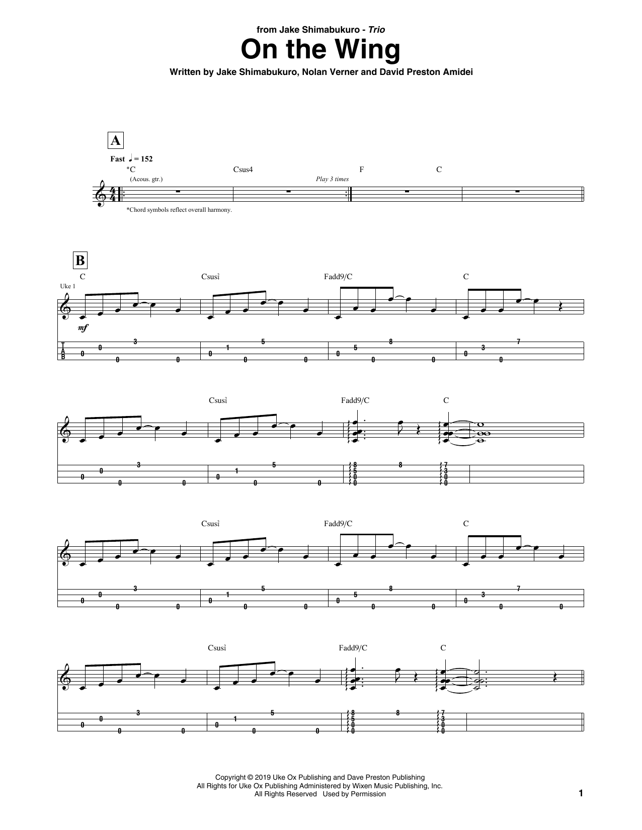 Jake Shimabukuro Trio On The Wing Sheet Music Notes & Chords for Ukulele Tab - Download or Print PDF